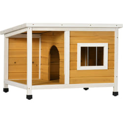 Pawhut - Niche lodge chien avec terrasse couverte sur pied - toit bitumé ouvrant, fenêtre - bois sapin pré-huilé blanc