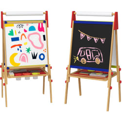 Aiyaplay - Tableau chevalet enfant double face blanc noir avec rouleau de papier - hauteur réglable, accessoires peinture - bois pin