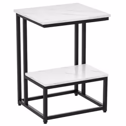 Table dappoint - HOMCOM - structure acier noir - plateau étagère aspect marbre blanc
