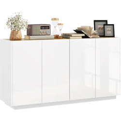 Buffet design contemporain blanc laqué plateau aspect bois clair - dim. 140L x 40l x 75H cm - 4 portes, 2 étagères