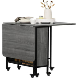 Table pliable 6 personnes - Table à rabat mobile 6 roulettes - étagère centrale - métal noir effet bois gris