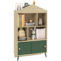 Aiyaplay - Bibliothèque enfant design maisonnette nordique - 2 portes coulissantes, 4 niches, 4 compartiments - aspect bois vert