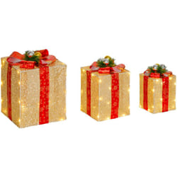 Lot de 3 boîtes cadeaux Noël lumineux extérieur 58 led blanc chaud 3 noeuds rouge