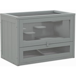 Cage pour hamsters souris petits rongeurs multi-équipements rampe plateformes toit ouvrant grillagé porte bois de sapin plexiglas gris