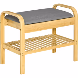 Découvrez ce banc HOMCOM avec assise en lin synthétique respirant, idéal pour changer de chaussures. Équipé d'une étagère pou ...
