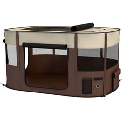 Parc pliable pour chien en tissu Oxford - fenêtres, portes en maille - sac de rangement - marron