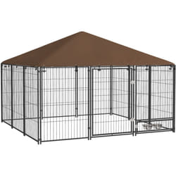 Chenil extérieur couvert pour chien 2 supports gamelles rotatifs porte verouillable acier noir