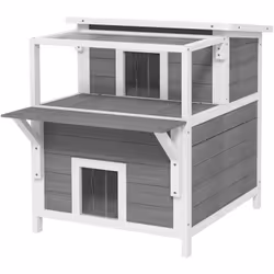 Maison niche chat sur pied - 2 niveaux, 2 portes, terrasse abritée, fenêtre - bois gris blanc