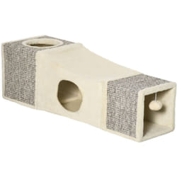 Tunnel grattoir niche modulable pour chat 3 en 1 - jeu balle suspendue - 4 entrées - peluche beige sisal grège