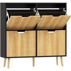 Homcom - Meuble à chaussures design scandinave 4 portes abattantes 4 étagères réglables bois pin panneaux bois noir