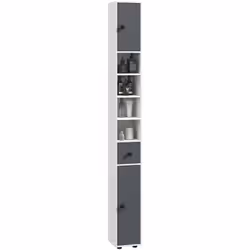 Kleankin - Meuble colonne salle de bain 2 portes 2 étagères 4 niches tiroir poignées métal noir panneaux blanc gris