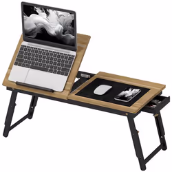Table de lit HOMCOM plateau de lit pliable et réglable pour ordinateur portable en bambou - plateau inclinable tiroir chêne