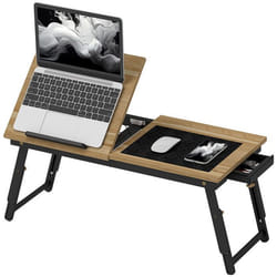 Table de lit HOMCOM plateau de lit pliable et réglable pour ordinateur portable en bambou - plateau inclinable tiroir chêne