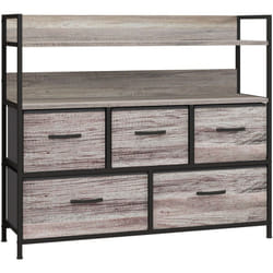 Commode style industriel - 5 tiroirs, 2 étagères - acier noir mdf non tissé effet bois gris
