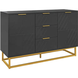 Buffet design contemporain graphique 2 placards porte étagères réglables 3 tiroirs coulissants mdf noir métal doré