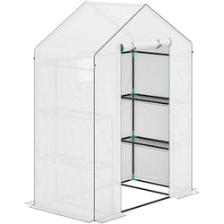 Serre de jardin 6 tablettes dim. 1,4L x 0,73l x 1,9H m porte déroulante fenêtres acier pe haute densité blanc