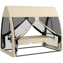 Balancelle de jardin - Outsunny - convertible - 3 places - avec auvent et coussins - filet avec fermetures éclair poche - beige