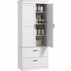Explorez l'élégance rustique avec l'armoire haute de cuisine HOMCOM : grand placard, deux tiroirs spacieux, poignées noires e ...