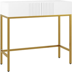 Console style Art déco - 2 tiroirs - piètement acier doré - blanc