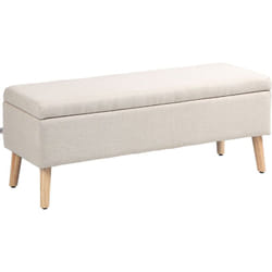 Banc coffre de rangement style scandinave piètement éffilé incliné bois hévéa tissu beige