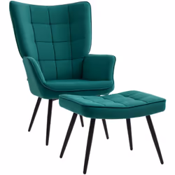 Laissez-vous tenter par le charme néo-rétro de ce superbe ensemble fauteuil repose-pied avec haut dossier effet capitonné à o ...