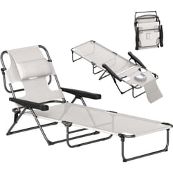 Bain de soleil transat pliable inclinable - coussins, espace tête - acier noir polyester crème