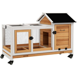 Clapier à lapin sur roulettes cage à lapin porte, rampe trappe verrouillables toit ouvrant niche bois sapin acier naturel blanc