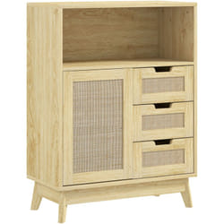 Homcom - Buffet cannage effet bois style bohème chic - 3 tiroirs, porte, étagère, grande niche