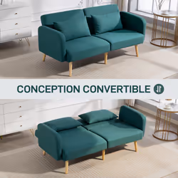 Canapé Convertible 3 Places - Homcom - Dossier Inclinable Et Accoudoirs Réglables - Tissu Effet Lin - Pieds En Bois Massif - Vert - Vue supplémentaire 2