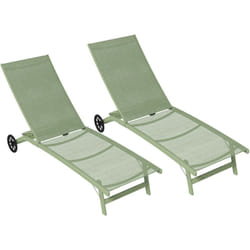 Lot de 2 bains de soleil transats inclinables - 2 roulettes - alu. textilène vert