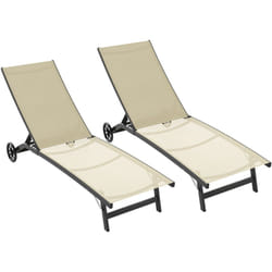Lot de 2 bains de soleil transats inclinables - 2 roulettes - alu. textilène beige kaki
