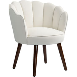 Fauteuil design coquillage piètement effilé bois d'hévéa dossier enveloppant strié aspect velours crème