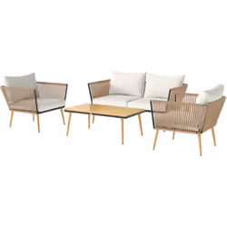 Optez pour ce magnifique ensemble salon de jardin 4 personnes design scandinave fabriqué en résine filaire PE avec pieds effi ...