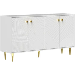 Buffet design graphique 4 portes 2 étagères piètement poignées métal doré blanc