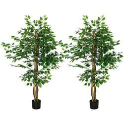 Homcom - Lot de 2 plantes artificielles arbres ficus H.1,50 m tronc branches liane lichen feuilles grand réalisme pot inclus