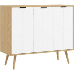 Buffet design scandinave 3 portes 2 étagères piètement bois de pin panneaux portes motif chevrons blanc aspect bois clair