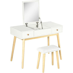 Homcom - Coiffeuse avec tabouret style scandinave - 2 tiroirs, compartiment porte miroir - panneaux blanc