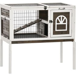 Pawhut - Clapier cage à lapin - 2 portes verrouillables, toit ouvrant, plateau excrément - bois foncé blanc