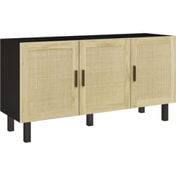 Buffet 3 portes style bohème chic cannage en rotin panneaux aspect bois clair noir