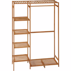 Portant à vêtements en bambou HOMCOM, robuste et classique, avec tringle, quatre étagères et une étagère supérieure. Design c ...