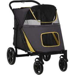 Poussette pour chien pliable 4 roues 2 portes rangements attache noir gris jaune