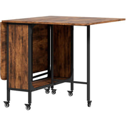 Table pliable 6 personnes - Table à rabat mobile 6 roulettes - étagère centrale - métal noir effet bois vieilli