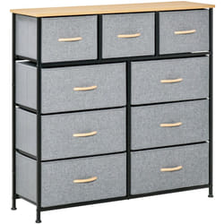 Meuble de rangement commode 9 tiroirs plateau acier mdf non tissé effet bois clair noir gris
