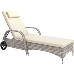 Transat bain de soleil grand confort : matelas, têtière, inclinaison réglable multipositions, accoudoirs, roulettes résine tressée gris clair