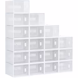 Découvrez la boîte à chaussures transparente HOMCOM, avec 18 cubes modulables et un design à découpes pour un empilement sécu ...