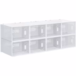 Découvrez la boîte à chaussures transparente HOMCOM, avec 8 cubes modulables et un design à découpes pour un empilement sécur ...