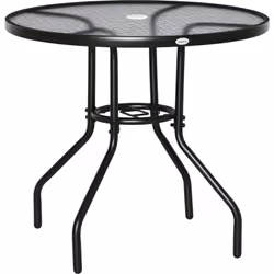 Aménagez votre terrasse avec cette table de jardin ronde Outsunny, idéale pour les beaux jours. Structure en métal noir et pl ...