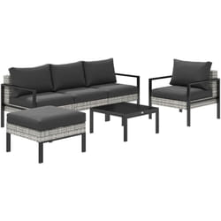 Outsunny - Ensemble salon de jardin 5 places 4 pièces coussins anthracite métal époxy noir résine tressée 2 fils gris