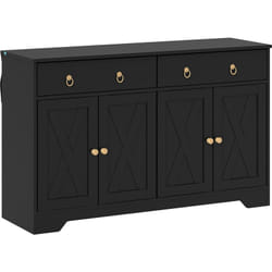 Homcom - Buffet 2 portes 2 étagères 2 tiroirs style rural chic façades portes à croisillons poignées anneaux métal doré noir aspect bois