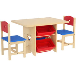 Aiyaplay - Ensemble table et chaises enfant - 4 bacs de rangement inclus - mdf bois pin clair rouge bleu